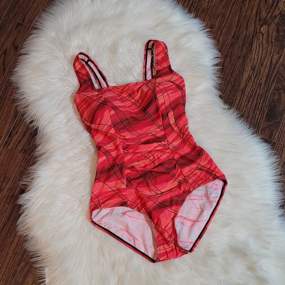 Byron Bay Australia Red Orange One Piece Swimsuit Coral Black Patterned Size 10 - Picture 2 of 10